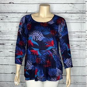 Roxy Size XL Tropical Print - Embroidered Keyhole Peplum Hemline Top